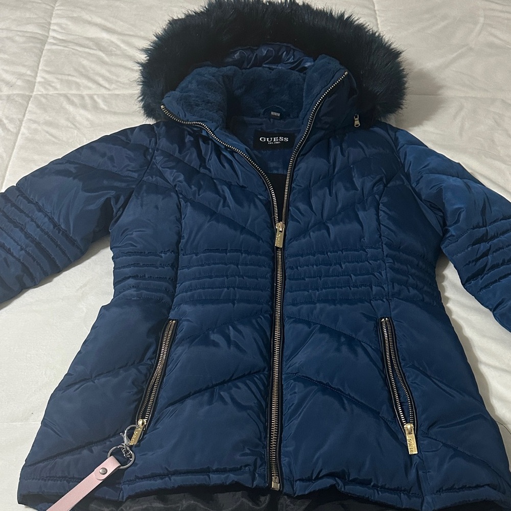 Big Girls Guess Dark Blue Puffer Jacket with Faux Fur Hood